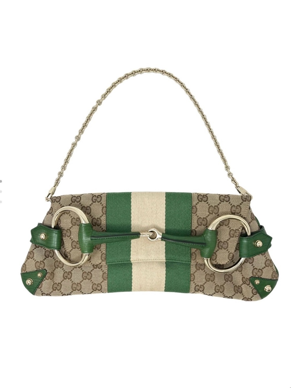Gucci Green and Cream GG Canvas Shoulder Bag with Horsebit